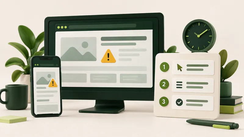 Ilustración de una incidencia web en ordenador y móvil y una lista de comprobaciones